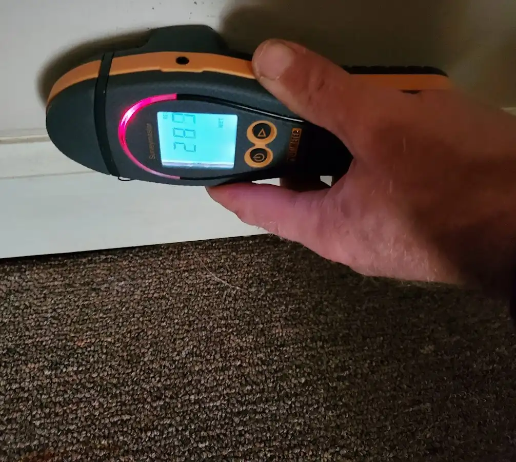 Moisture detection at baseboard during Burst Pipe Cleanup in The Pinery